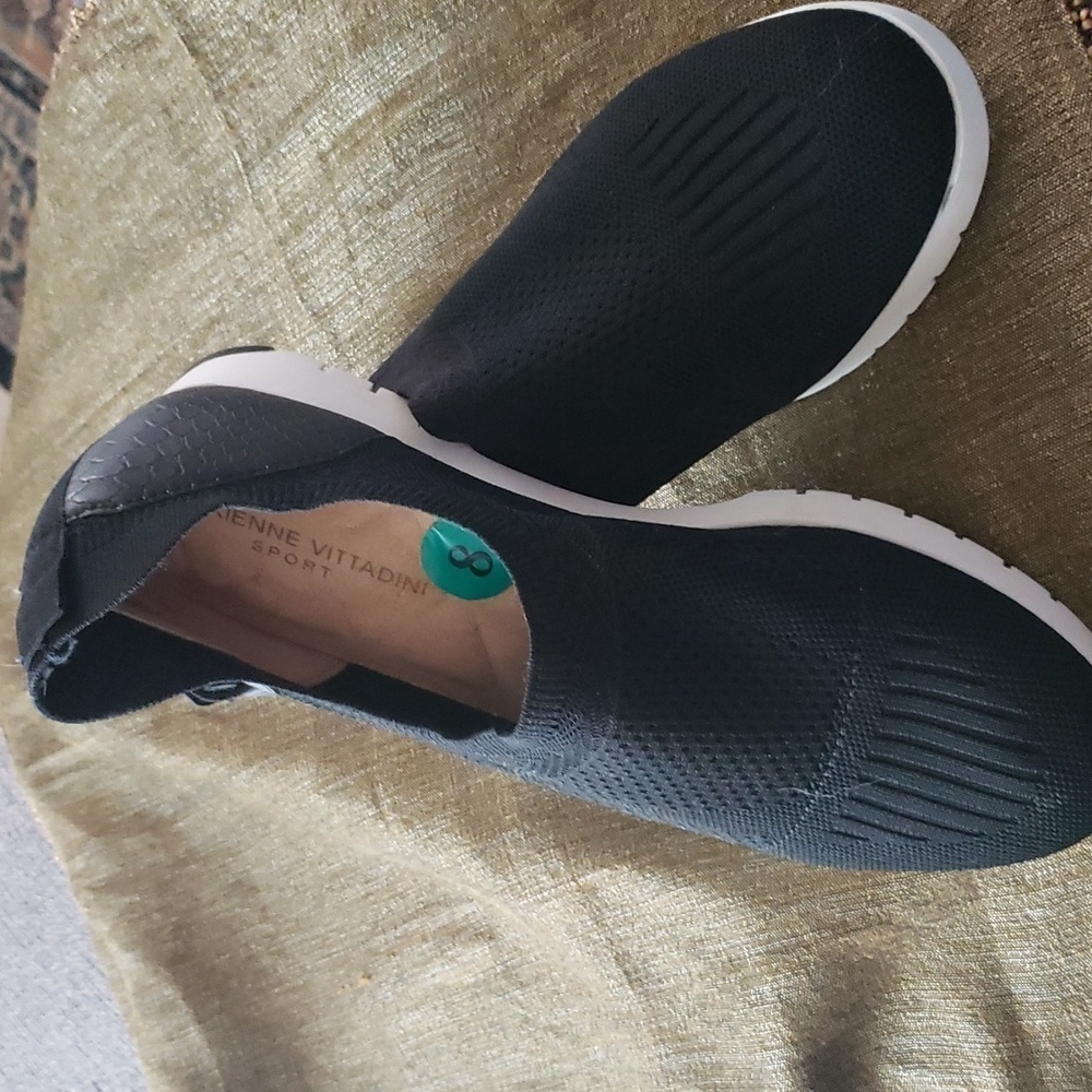 Adrienne Vittadini Sport Slip Shoes Womens Black Fabric Comfort Stretch.